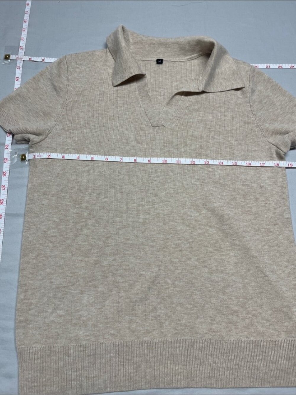 Woman’s Beige Short-Sleeve Knit Polo Tee work casual trendy sharp stretch 1114 - Picture 5 of 6